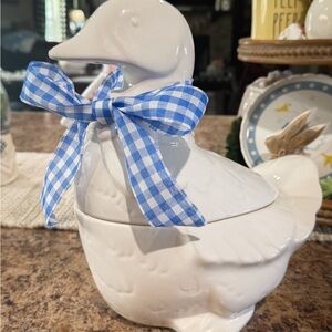 White Ceramic Goose Cookie Jar with Blue Ribbon